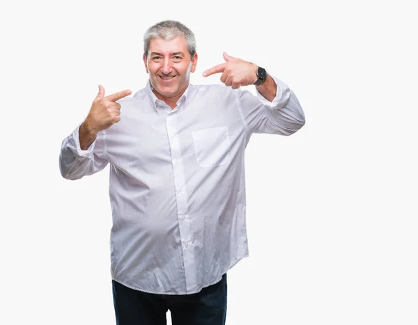 Hombre Mayor Guapo Sobre Fondo Aislado Sonriendo Confiado Mostrando Señalando — Foto de Stock