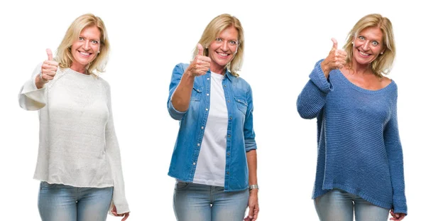 Collage Einer Schönen Blonden Frau Mittleren Alters Über Weißem Isoliertem — Stockfoto