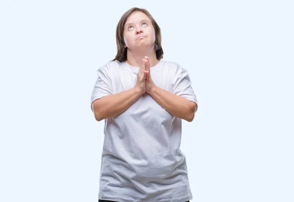 Giovane Donna Adulta Con Sindrome Sfondo Isolato Mendicare Pregare Con — Foto Stock