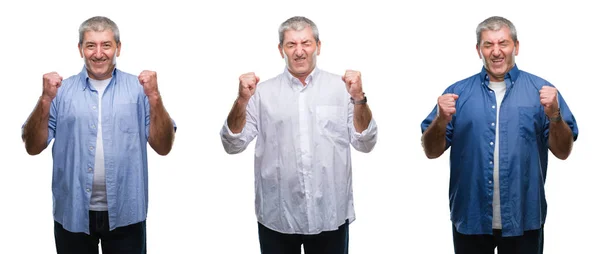 Collage Senior Hoary Man White Isolated Backgroud Excited Success Arms — Foto de Stock