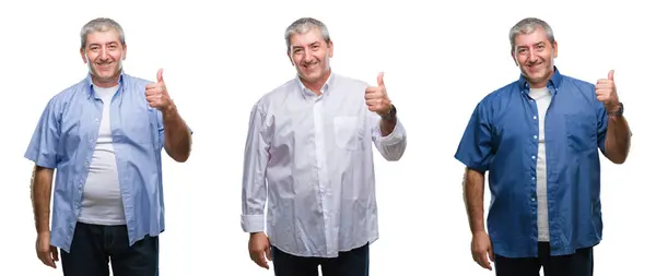 Collage Senior Hoary Man White Remote Backgroud Doing Happy Thumbs — Foto Stock