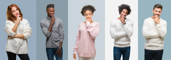 Collage Gruppen Afroamerikanska Och Spansktalande Människor Bär Vinter Tröja Över — Stockfoto