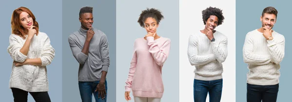 Colagem Grupo Afro Americanos Hispânicos Vestindo Camisola Inverno Sobre Fundo — Fotografia de Stock