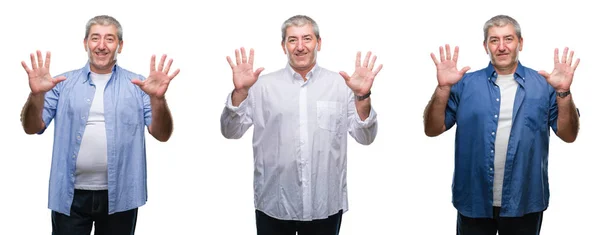 Collage Anziano Hoary Man Bianco Isolato Backgroud Mostrando Indicando Con — Foto Stock