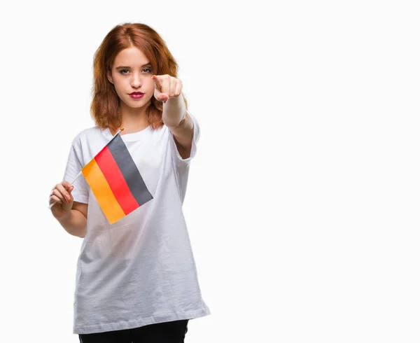 Mooie Jongedame Bedrijf Vlag Van Duitsland Geïsoleerde Achtergrond Met Vinger — Stockfoto