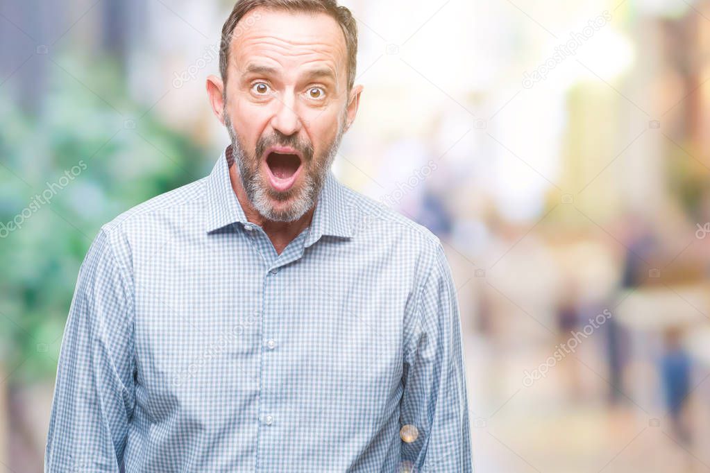 Middle age hoary senior business man over isolated background afraid and shocked with surprise expression, fear and excited face.