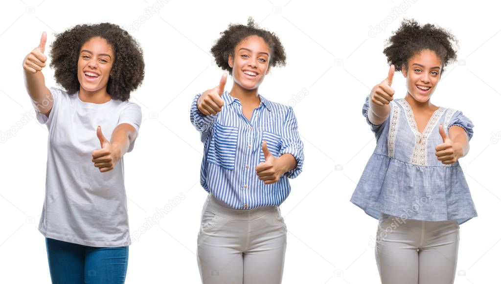 Collage of african american woman over isolated background approving doing positive gesture with hand, thumbs up smiling and happy for success. Looking at the camera, winner gesture.