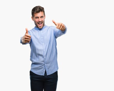 Yakışıklı delikanlı el ile pozitif jest yapıyor onaylama izole arka plan üzerinde başparmak gülümseyen ve başarı için mutlu. Kamera, kazanan jest arıyorsunuz.