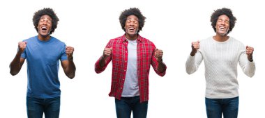 Kolaj bir Afrikalı-Amerikalı genç yakışıklı adam izole arka kolları olan başarı için heyecan üzerinde zafer kutluyor gülümseyen kaldırdı. Kazanan kavramı.