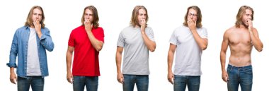 Yakışıklı genç adamın beyaz izole backgroud el ağzıyla kapsayan yorgun esneme sıkılmış üzerinde rahat bakmak giydiğini kolaj. Restless ve uyku hali.