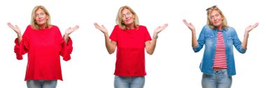 Kolaj güzel orta yaş sarışın kadının üzerinde beyaz izole backgroud clueless ve şaşkın bir ifadeyle kollar ve eller kaldırdı. Şüphe kavramı.