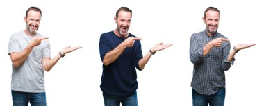 Yakışıklı üst düzey ağarmış adam üzerinden hayran ve el ile sunulması ve parmak ile işaret ederken kameraya gülümseyen izole arka plan ayakta kolaj.