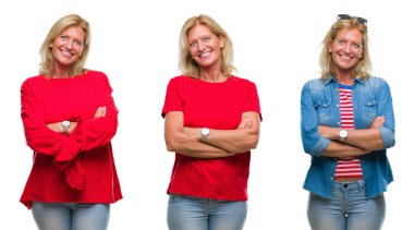 Beyaz izole backgroud mutlu yüz çapraz silah kameraya bakarak ile gülümseyen güzel orta yaş sarışın kadın kolaj. Olumlu bir kişi.