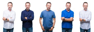 Yüzünde ciddi bir ifade ile izole arka plan üzerinde duran yakışıklı üst düzey ağarmış zarif iş adamı kolaj. Basit ve doğal kameraya bakıyor.