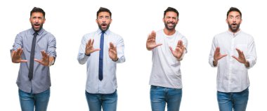 Genç adam rahat bakmak beyaz izole backgroud korkuyor ve korku ifade dur hareketi el ile ile dehşete üzerinde giyen şokta bağırarak kolaj. Panik kavramı.