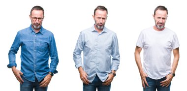 Kızgın ve korkmuş ağlıyor depresif izole arka plan ve sıkıntı, endişe üzerinde duran üst düzey ağarmış yakışıklı kolaj. Üzgün ifade.