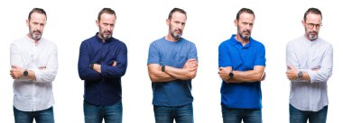 Kolaj izole arka plan şüpheci ve gergin duran, çapraz kolları olan yüzündeki ifade onaylamayan yakışıklı üst düzey ağarmış zarif iş adamı. Negatif kişi.