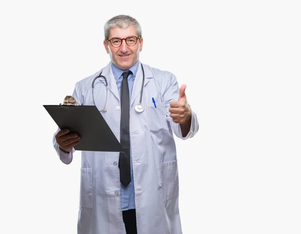 Handsome Senior Doctor Man Holding Clipboard Isolated Background Happy Big — Stock Photo, Image