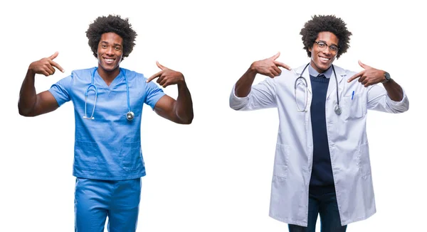 Collage Joven Cirujano Afroamericano Enfermera Médico Sobre Fondo Aislado Mirando —  Fotos de Stock