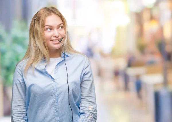 Jonge Kaukasische Zakenvrouw Call Center Hoofdtelefoon Dragen Geïsoleerd Achtergrond Zoek — Stockfoto