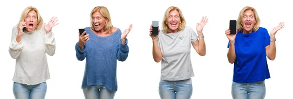 Collage Vackra Medelålders Blond Kvinna Med Smartphone Över Vita Isolerade — Stockfoto