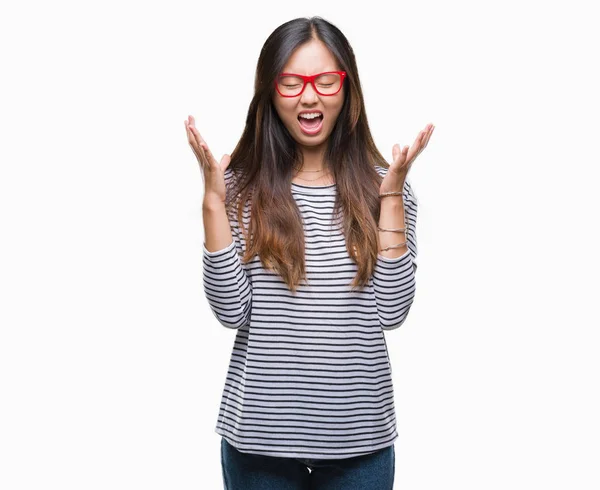 Mujer Asiática Joven Con Gafas Sobre Fondo Aislado Celebrando Loco — Foto de Stock