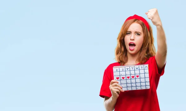 Mooie Jongedame Geïsoleerde Achtergrond Houden Menstruatie Kalender Boos Gefrustreerd Schreeuwen — Stockfoto
