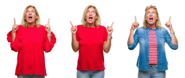 Collage Vackra Medelålders Blond Kvinna Över Vita Isolerade Backgroud Förvånad — Stockfoto
