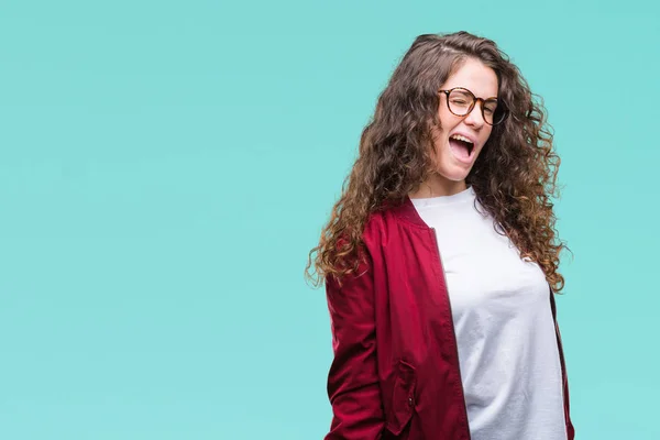 Jong Meisje Mooie Brunette Krullend Haar Jas Bril Dragen Geïsoleerde — Stockfoto