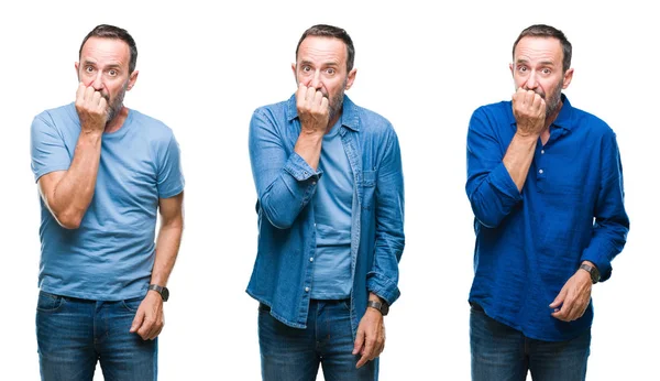 Collage Handsome Senior Hoary Man Standing Wearing Blue Shirt Isolated — Foto Stock