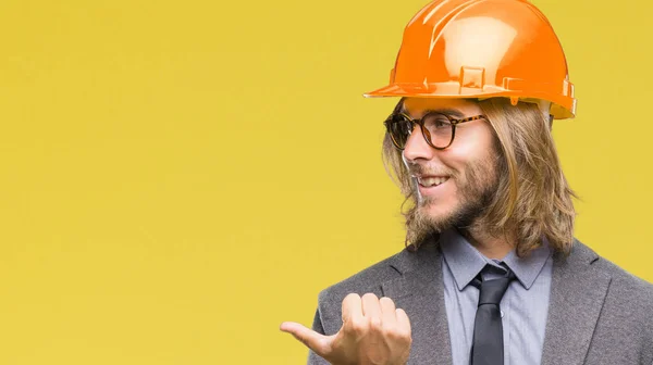 Young Handsome Architec Man Long Hair Wearing Safety Helmet Isolated — Stock Photo, Image