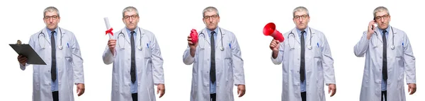 Collage Senior Doctor Canoso Hombre Sobre Fondo Blanco Aislada Con — Foto de Stock