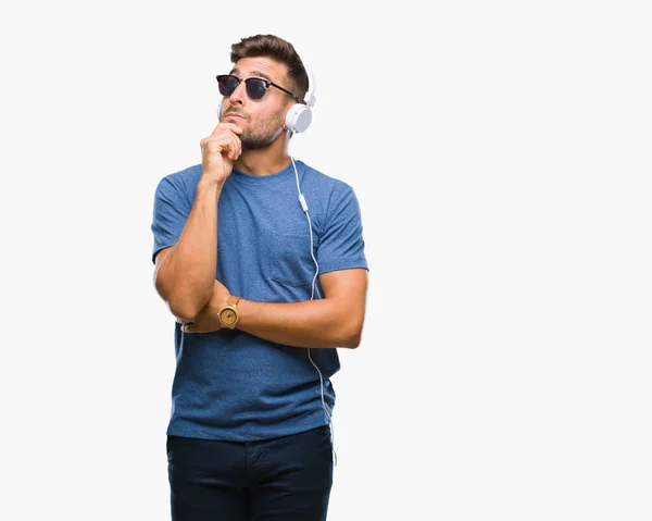 Young Handsome Man Wearing Headphones Listening Music Isolated Background Hand — Stock Photo, Image