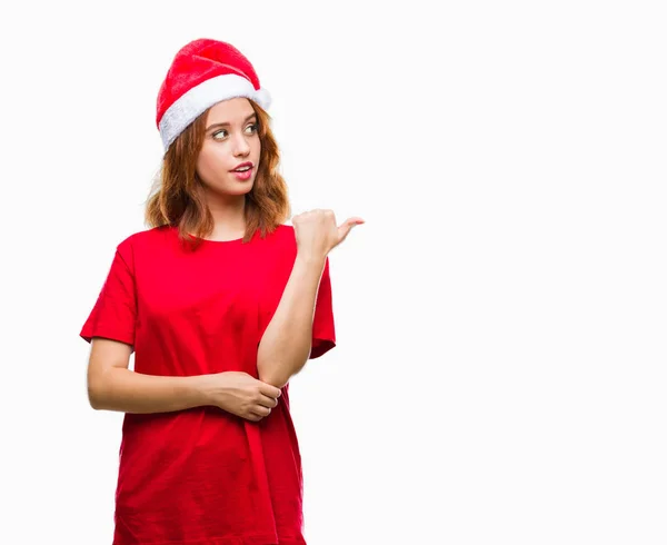 Ung Vacker Kvinna Över Isolerade Bakgrund Jul Hatt Leende Med — Stockfoto