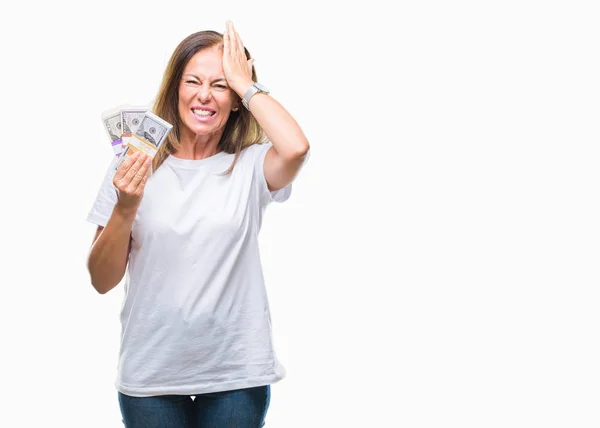 Middle Age Hispanic Woman Holding Bunch Dollars Isolated Background Stressed — Stock Photo, Image