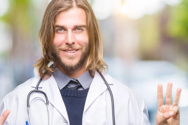 Young Handsome Doctor Man Long Hair Isolated Background Showing Pointing — Stock Photo, Image