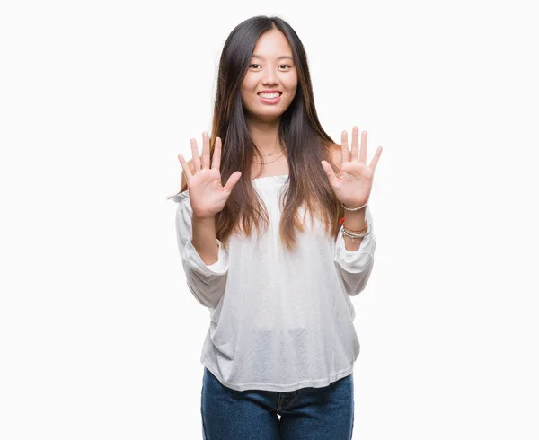 Junge Asiatin Über Isoliertem Hintergrund Die Mit Finger Nummer Zehn — Stockfoto