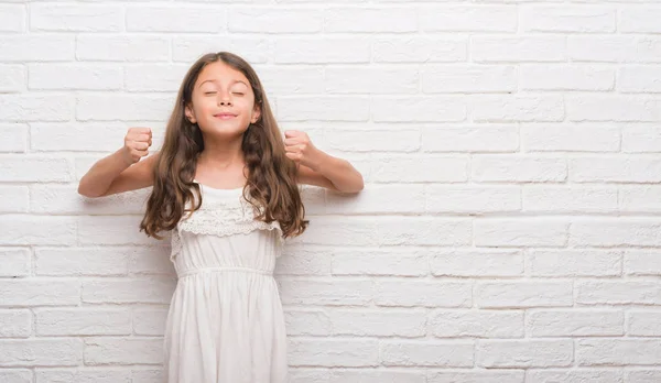 Young Hispanic Kid White Brick Wall Excited Success Arms Raised — Stock Photo, Image