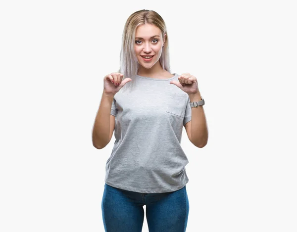 Young Blonde Woman Isolated Background Looking Confident Smile Face Pointing — Stock Photo, Image