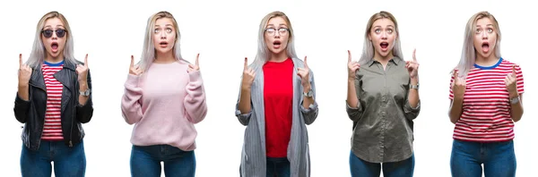 Collage Einer Schönen Blonden Jungen Frau Vor Isoliertem Hintergrund Die — Stockfoto