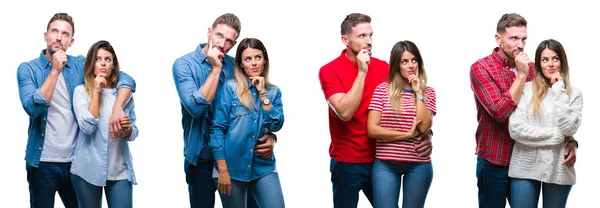 Collage Hermosa Pareja Juntos Sobre Fondo Blanco Aislado Con Mano — Foto de Stock