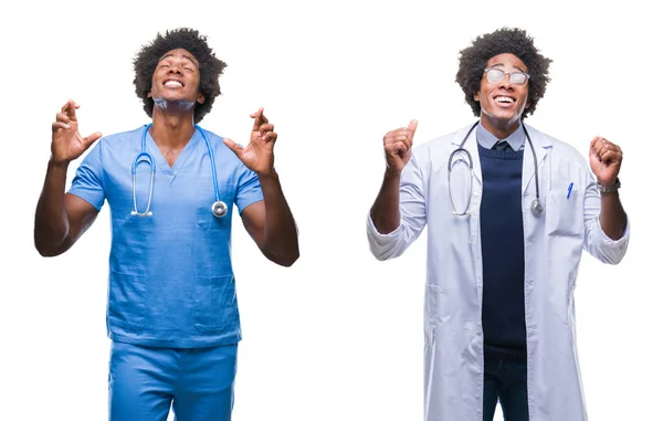 Colagem Africano Americano Jovem Cirurgião Enfermeira Médico Homem Sobre Fundo — Fotografia de Stock