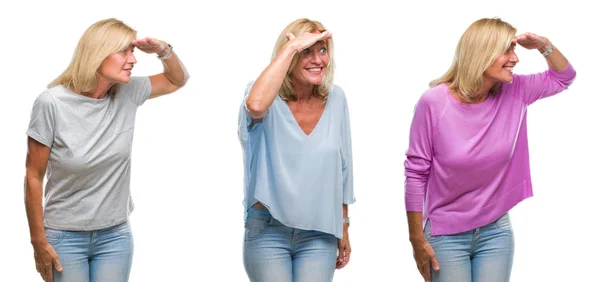 Collage Vackra Medelålders Blond Kvinna Över Vita Isolerade Backgroud Mycket — Stockfoto