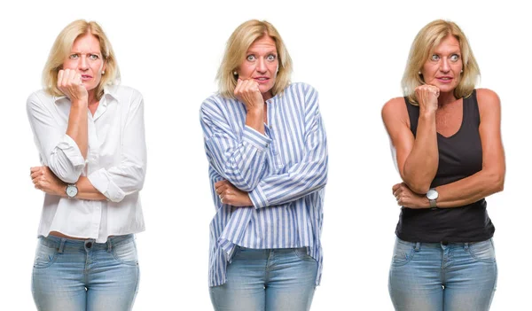 Collage Van Middenleeftijd Mooie Blonde Vrouw Witte Geïsoleerde Achtergrondgeluid Zoek — Stockfoto