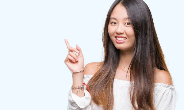 Young Asian Woman Isolated Background Big Smile Face Pointing Hand — Stock Photo, Image