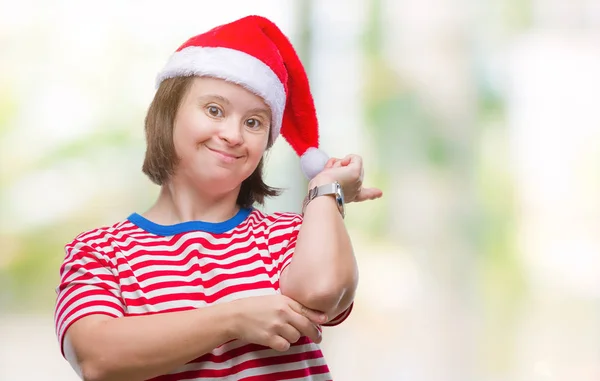 Mujer Adulta Joven Con Síndrome Con Sombrero Navidad Sobre Fondo —  Fotos de Stock