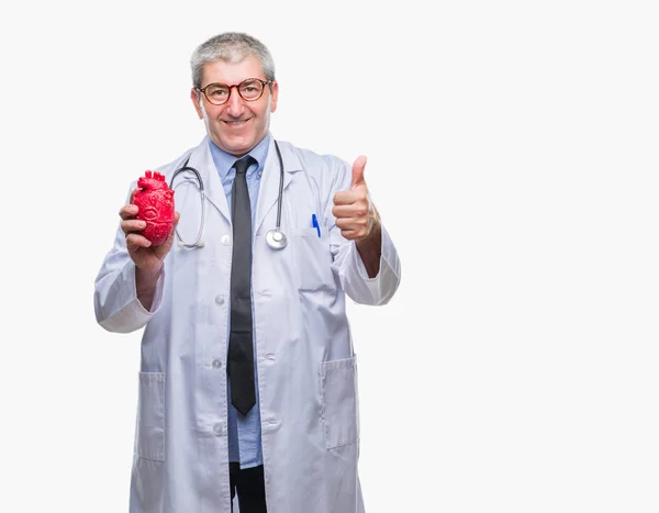 Dokter Kardiolog Senior Yang Tampan Memegang Hati Atas Latar Belakang — Stok Foto
