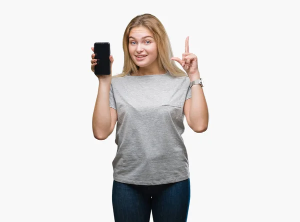 Young Caucasian Woman Showing Screen Smartphone Isolated Background Surprised Idea — Stock Photo, Image