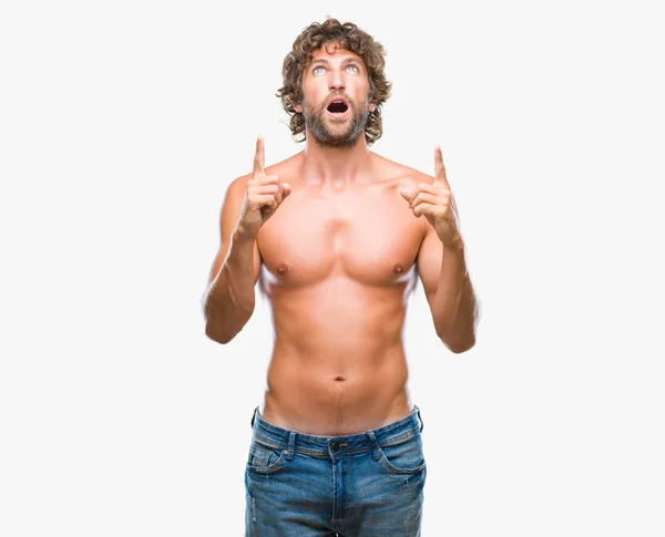 Handsome Hispanic Model Man Sexy Shirtless Isolated Background Amazed Surprised — Stock Photo, Image