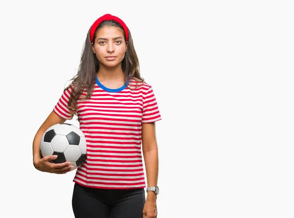 Young Beautiful Arab Woman Holding Soccer Football Ball Isolated Background — Stock Photo, Image
